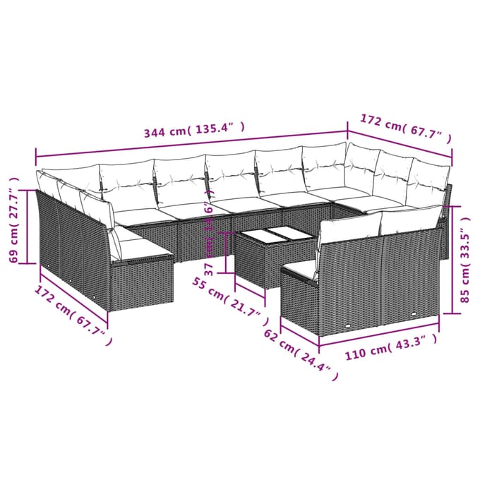 vidaXL - 13-delige - Loungeset - met - kussens - poly - rattan - beige