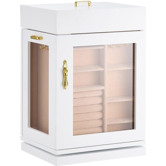 Juwelendoos 360° Roterende Sieraden Organizer met 4 Halsketting Haken Wit