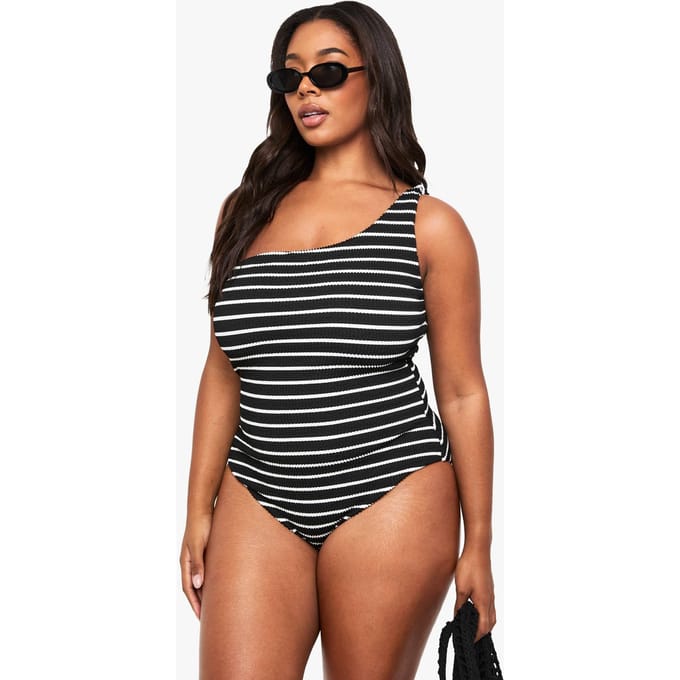 boohoo Dames PLUS GEKREUKELD GESTREEPT EENSCHOUDELijK BADKOSTUUM | Black | Maat: 28