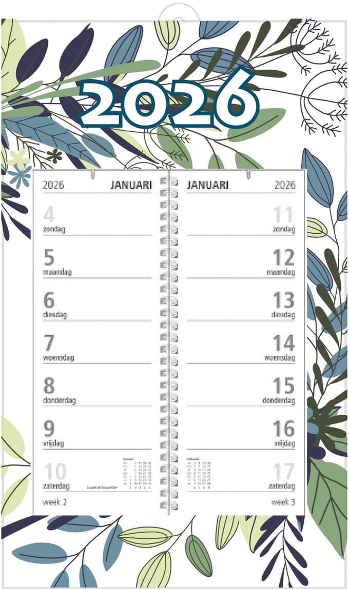 MGPcards - Omlegweekkalender 2026 - Week begint op zondag - 21 x 34 cm - Bladeren - Wit