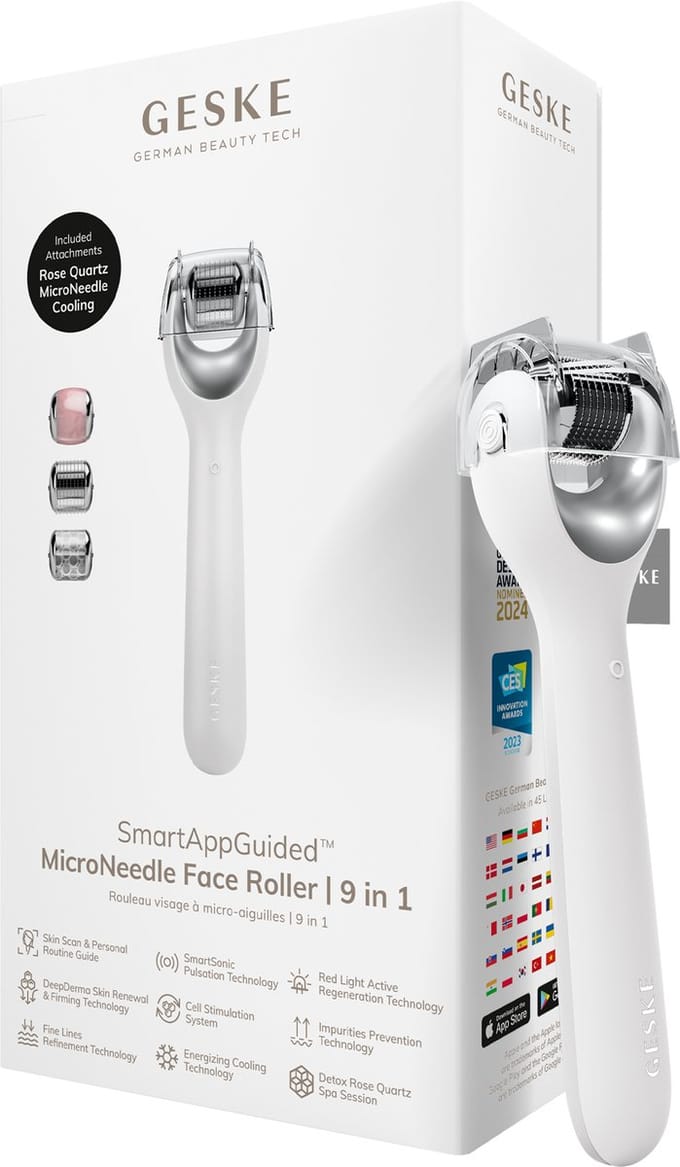 GESKE | SmartAppGuided™ MicroNeedle Face Roller | 9 in 1 | met rozenkwarts | Microneedling | Professioneel Microneedling-apparaat | Naaldroller | Schoonheidsrollergezicht | Micronaaldroller