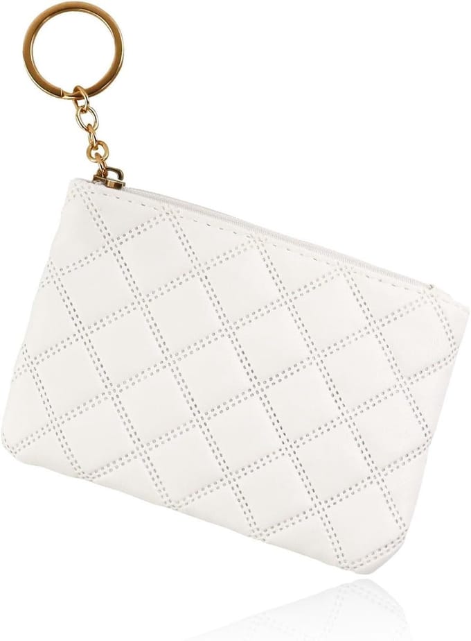 Dames Faux Leather Portemonnee met Sleutelhanger en 2-Layer Ritscompartiment, Mini Muntportemonnee voor Sleutels en Lippenstift, Wit