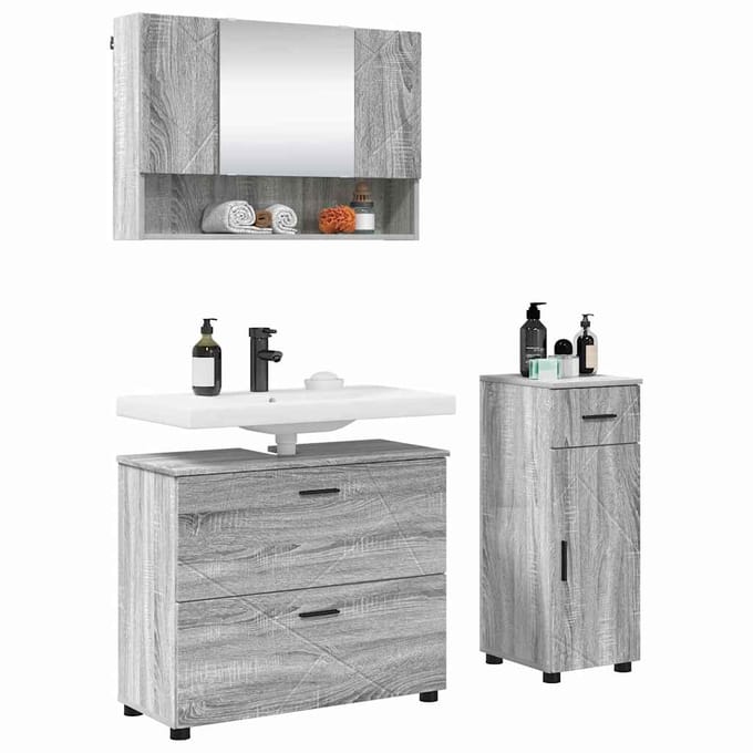 vidaXL Badkamermeubelset 3 st Grijs Sonoma Geperst Hout en Metaal