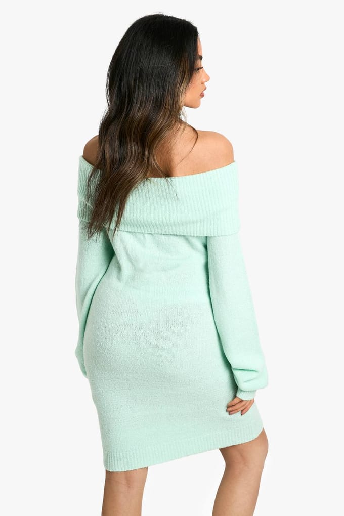 boohoo Dames Rib Bardot decollete Mini Jumper Jurk | Munt | Maat: Medium