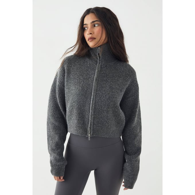 Dames DSGN Studio Dubbele Rits Gebreide Trui | Charcoal | Maat: 2XL