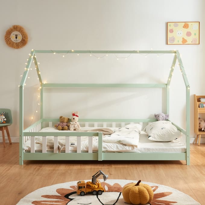 Kinderbed Hesel huisbed met uitvalbeveiliging 140x200 cm mint [en.casa]