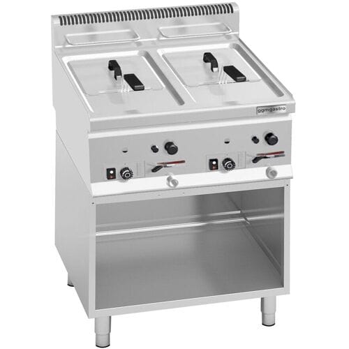 GGM Gastro Dubbele gasfriteuse - 8+8 liter - 13,2 kW - mechanische bediening - met aftapkraan - incl. onderstel zilver