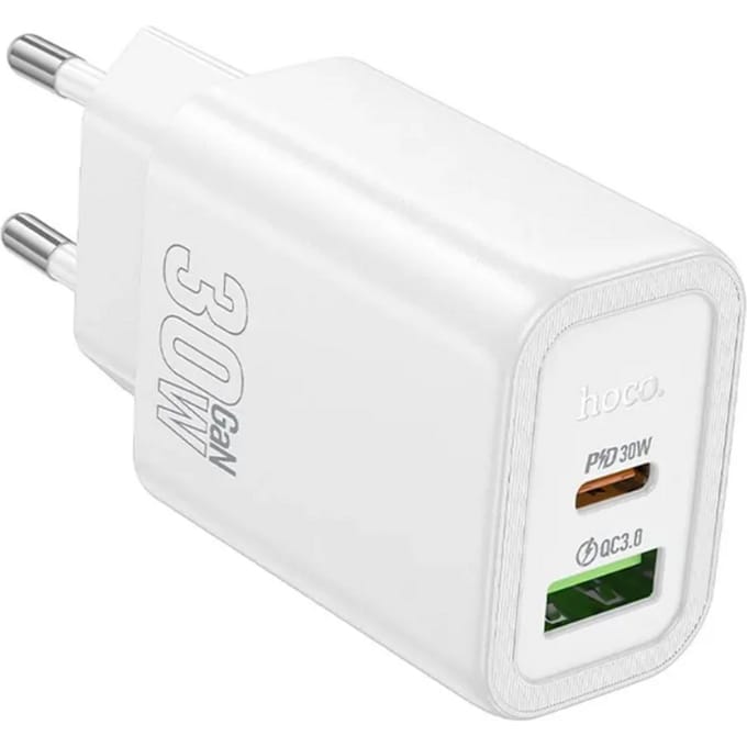Hoco PD30W+QC3.0  dual port fastcharger USB-A USB-C - Wit