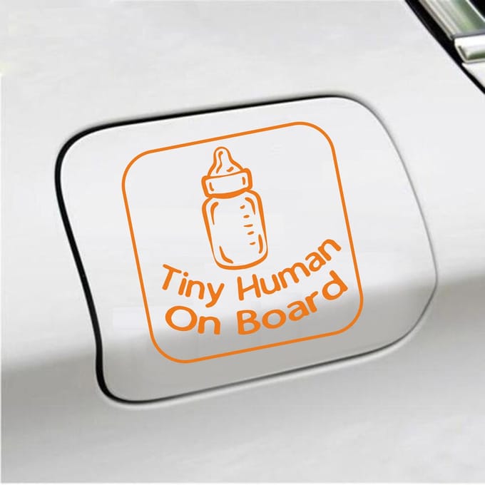 Bumpersticker - Tiny Human On Board - 14 X 14 - Oranje
