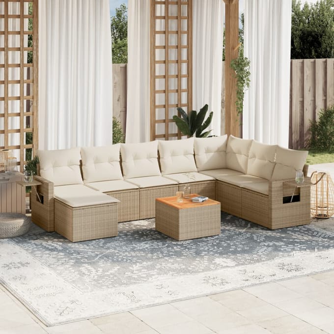 vidaXL - 9-delige - Loungeset - met - kussens - poly - rattan - beige