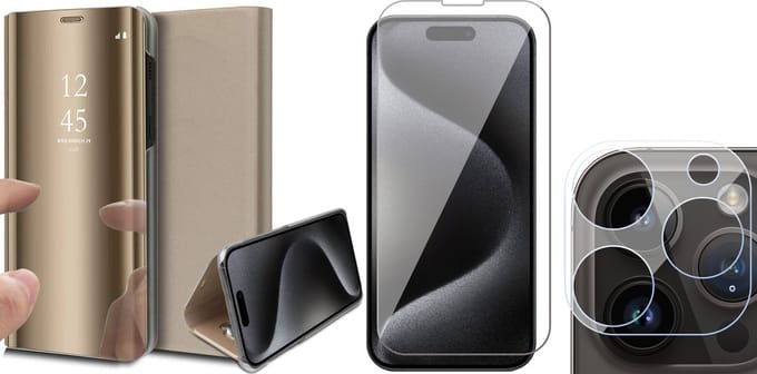 Hoesje geschikt voor iPhone 15 Pro Max - Screenprotector GlassGuard & Camera Lens Screen Protector - Book Case Spiegel Goud
