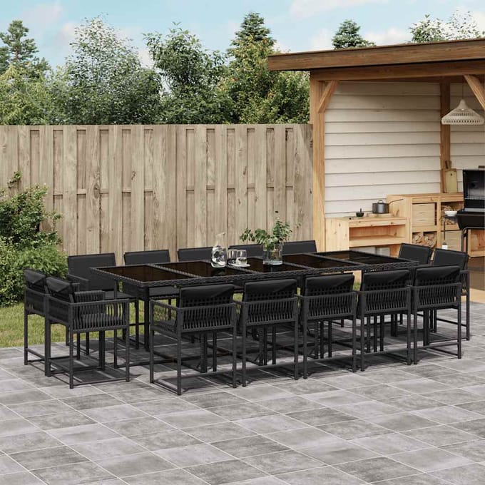 vidaXL - 15-delige - Tuinset - met - kussens - poly - rattan - zwart