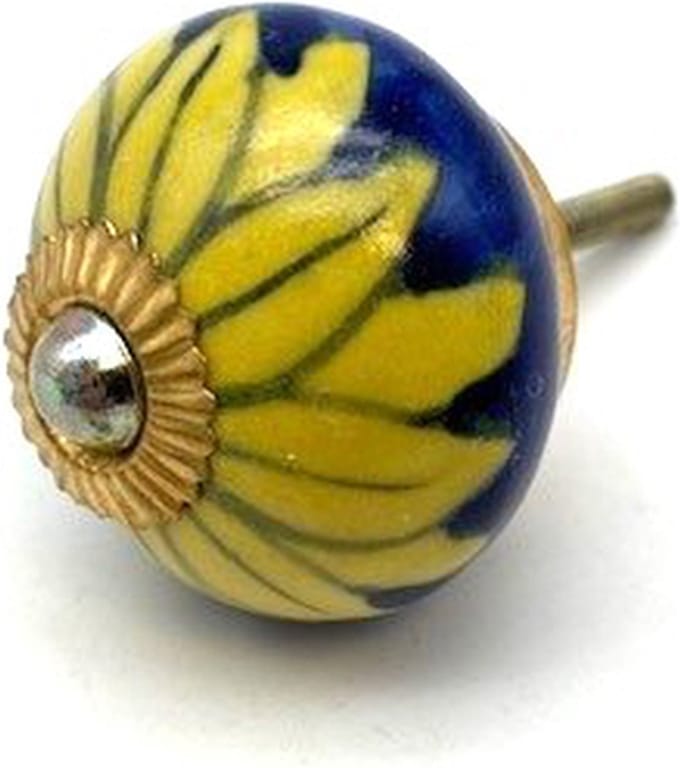 Porseleinen Knop Blauw / Gele Bloem 40mm handgeschilderd