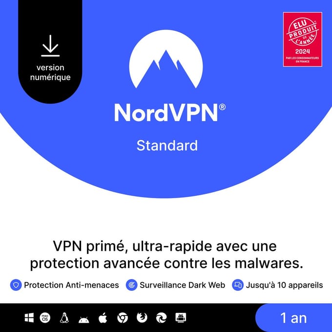 NordVPN Standard - VPN & Cybersecurity Software - 6 Apparaten - 1-jarig Abonnement - PC & Telefoon Download