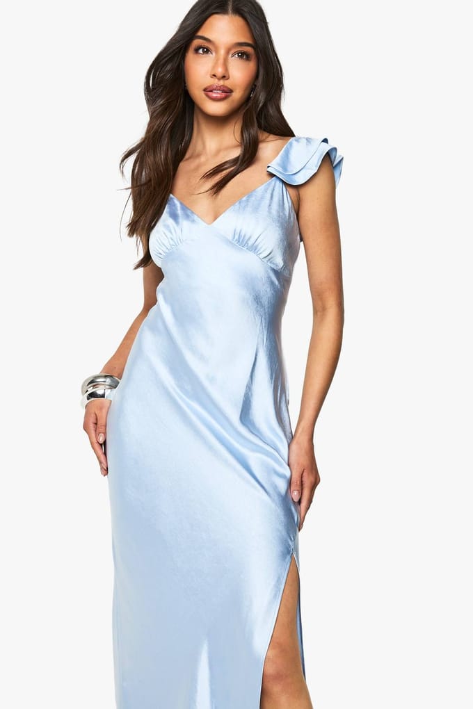 boohoo Dames Satijn Franje Mouw Split Maxi Jurk | Baby Blue | Maat: 14