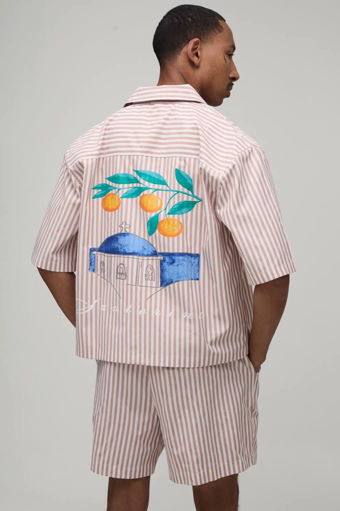 Gestreepte Oversized Korte Mouw Santorini Revere Shirt & Baggy Short Set | Taupe | Size Medium