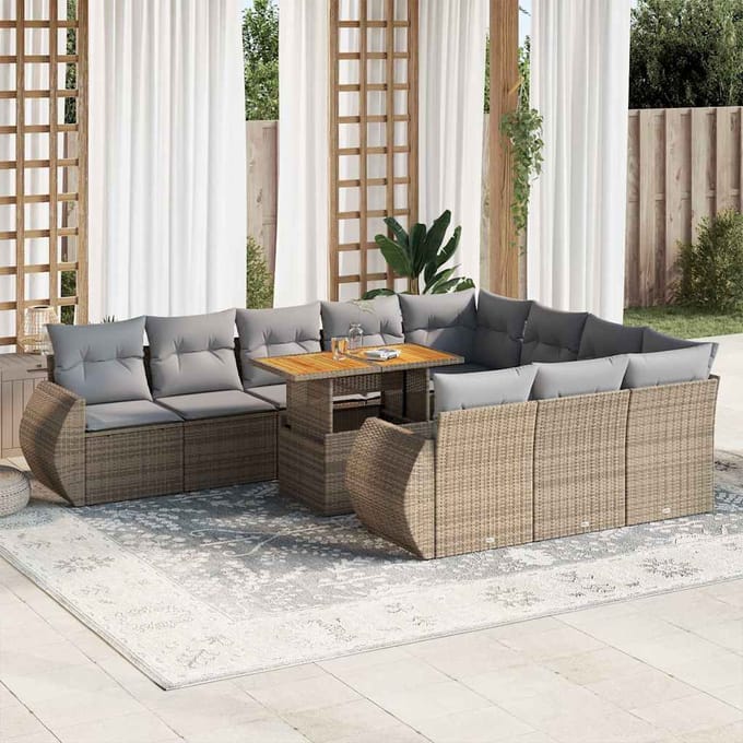 vidaXL - 11-delige - Tuinset - met - kussens - poly - rattan - beige