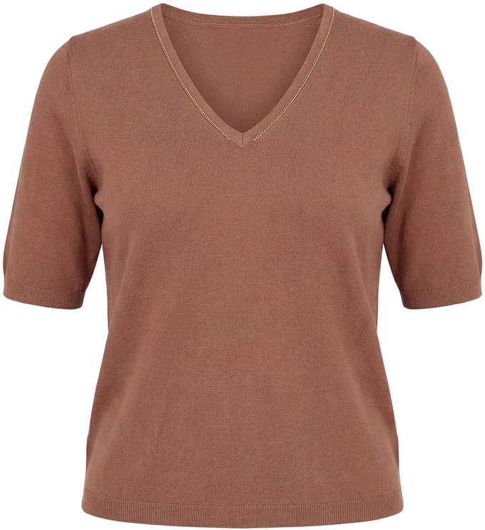 Ulla Popken - Dames - Trui elastische zoom V-hals korte mouw glitter - Bruin - Maat 46+