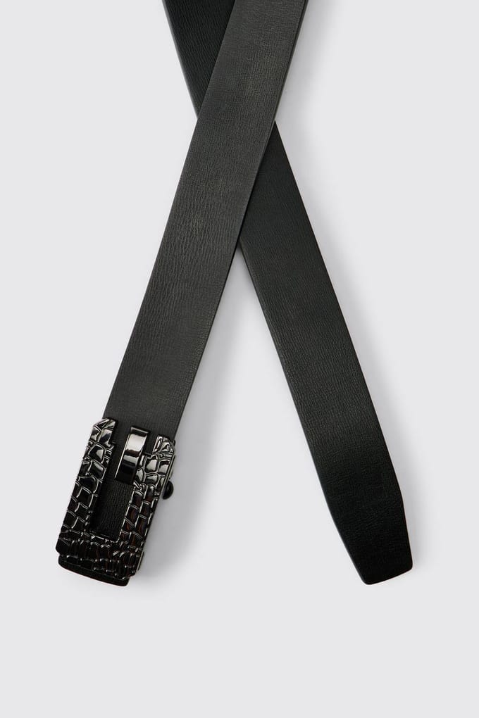 PU Belt with Textured Buckle | Black | Size Medium/Large