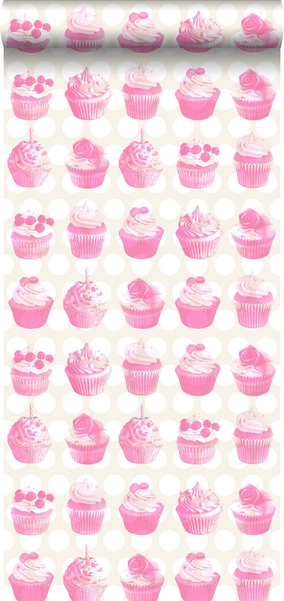 ESTAhome behang cupcakes op glanzende stip roze - 53 cm x 10.05 m - 138723