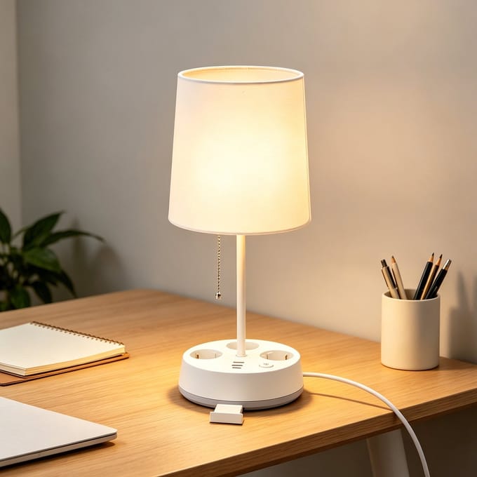 Aigostar Tafellamp met 3 Stopcontacten - 2x USB-A & USB-C - E27 - Telefoonhouder - Trekschakelaar - Wit