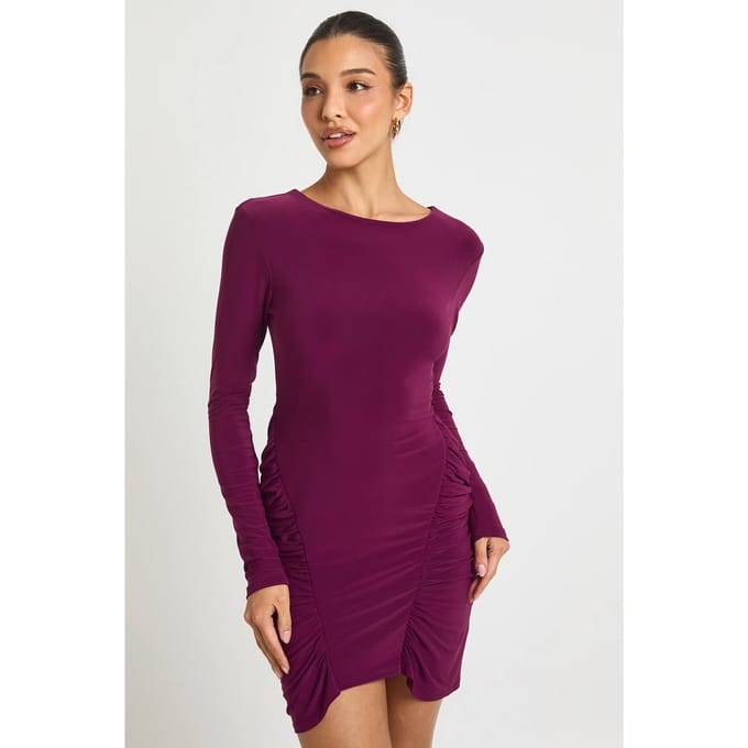 boohoo Dames Mini-jurk met lange mouwen en gerafelde panelen | Plum | Maat: 8