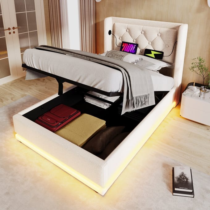 MODFU Bedframe 90x200 cm – Katoen met getuft hoofdbord & LED – Hydraulisch – Incl. matras – Beige