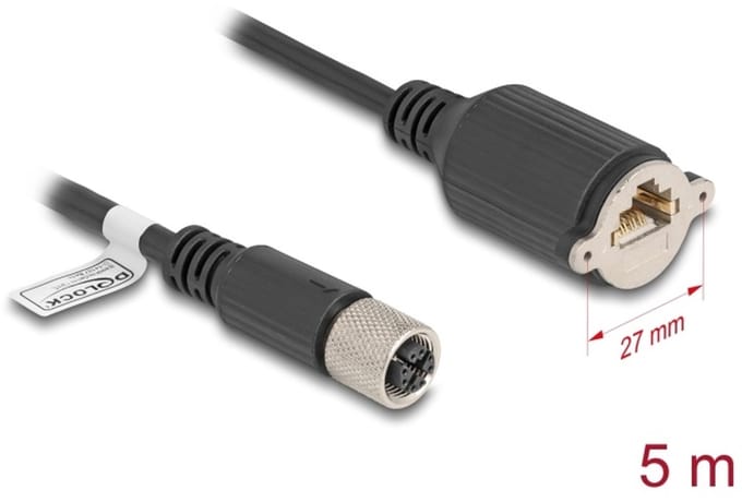 Delock M12 Cable X-coded 8 pin female to RJ45 jack for installation Cat.6A S/FTP 5 m black