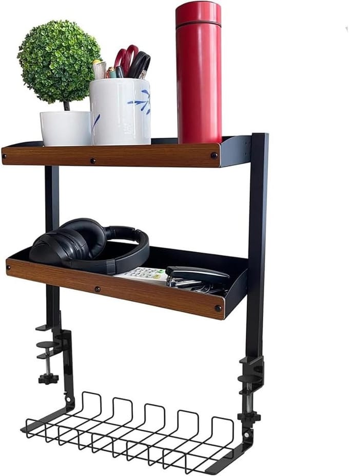 Bureau organizer met kabelbeheer, uitbreidbare desk extender met 2 niveaus en verstelbare planken voor bureauaccessoires
