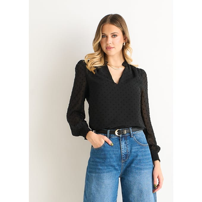 Zwarte Dobby Chiffon Blouse met Ruches Kraag