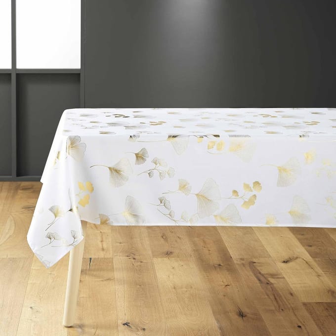 douceur d'intérieur, Bloomy tafelkleed, rechthoekig, 150 x 240 cm, wit/goud, polyester bedrukt