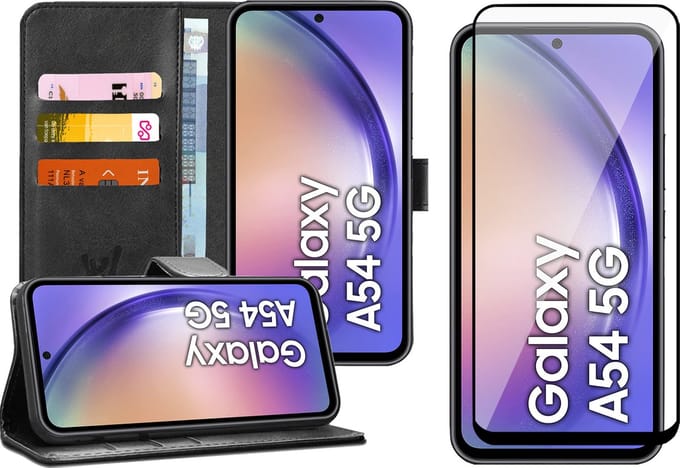 Hoesje geschikt voor Samsung Galaxy A54 - Screen Protector FullGuard - Book Case Kunstleer Pasjeshouder Zwart & Screenprotector
