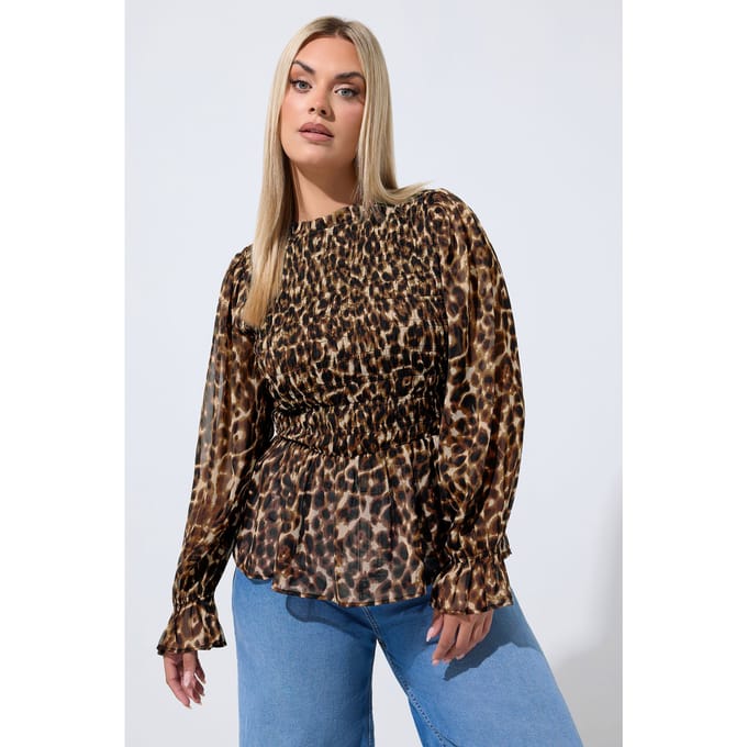 Limited Collection Bruine Gesmokte Top Met Luipaardprint Size 42