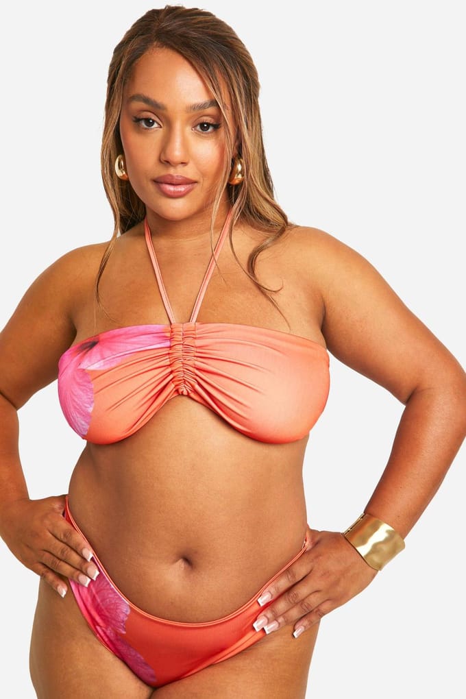 boohoo Dames Plus Size Bloemen Bandeau Bikini Top | Oranje | Maat: 54