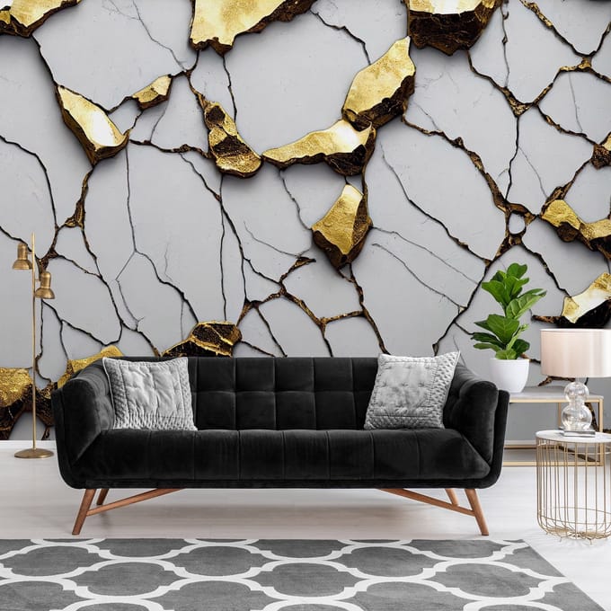 Fotobehang - Goud - Grijs - Structuur - Vliesbehang - (254 x 184 cm)