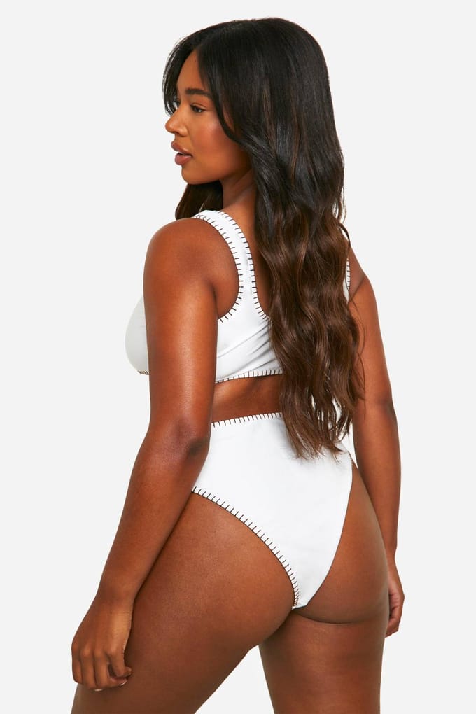 boohoo Dames Plus Contrast Stitch High Waisted Bikini | Ecru | Maat: 24