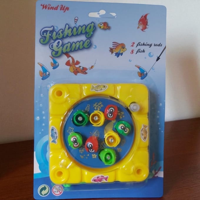 vis hengel spel opwindbaar geel reis editie