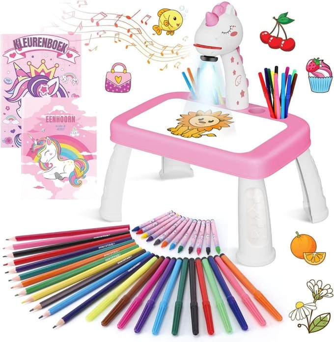 Aura® Tekenprojector Kinderen - Tekenprojector - Kinder Tekenprojector - met Tafeletje - Roze - 10cm x 39cm x 33cm
