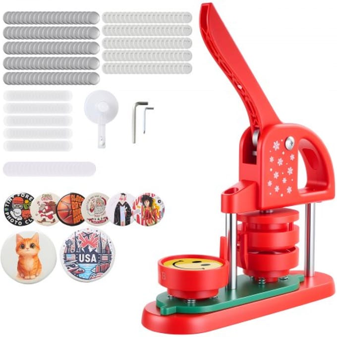 VEVOR Button Maker Machine Badge Punch Press 58 mm Rond, Pin Maker met 100 Button Onderdelen & Cirkelsnijder & Versterkte Ergonomische Handgreep, DIY Badge Press Machine Button Maker Rood