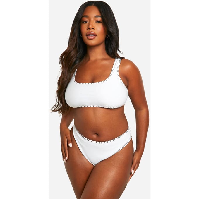 boohoo Dames Plus Contrast Stitch High Waisted Bikini | Ecru | Maat: 24