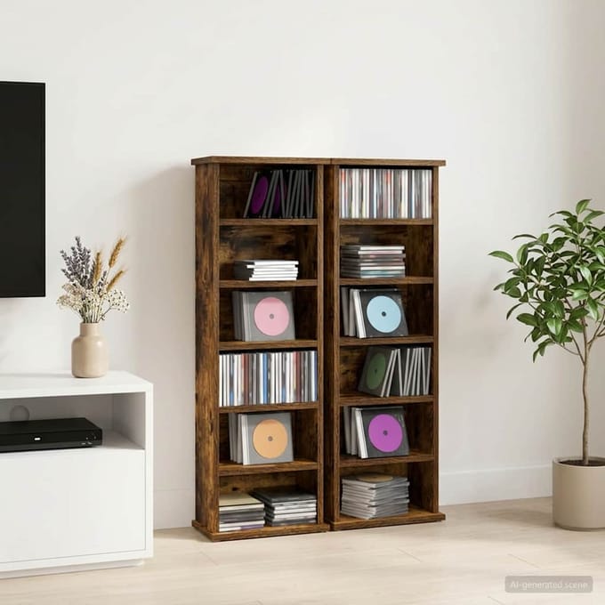 vidaXL - CD - Kast - 2 - st - Gerookt - eiken - 60 - x - 17 - x - 92 - cm - Bewerkt - hout