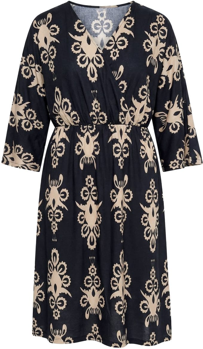 Ulla Popken - Dames - Jurk ornamenten wikkellook V-hals 3/4-mouwen - Zwart - Maat 42+