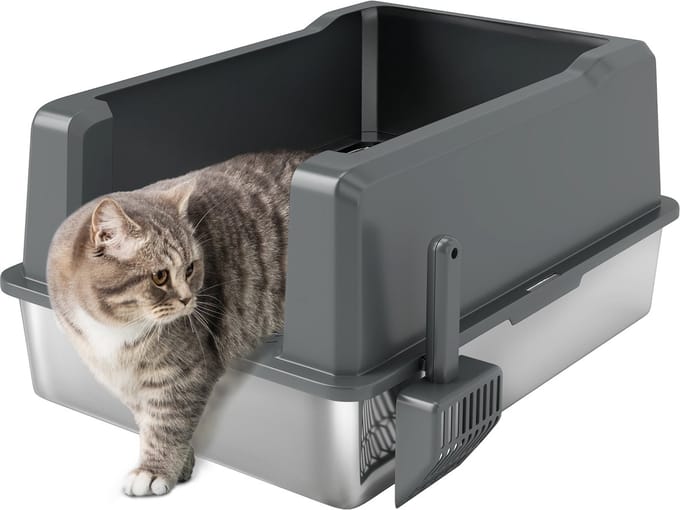 PawHut kattenbak - 71x50,8x35,5cm - roestvrij staal - grijs