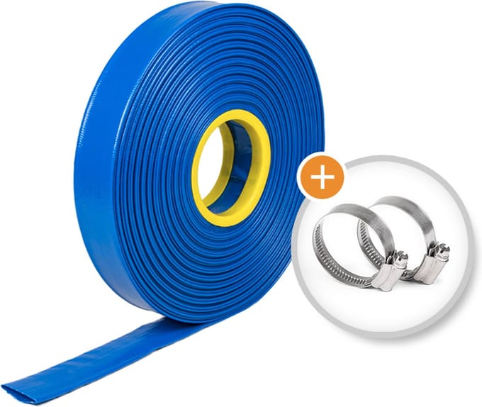 Rubbermagazijn - Verstevigde - platte waterslang - Rol 10m - Ø 52mm - Incl. 2x Slangklem - Flexibel & Scheurvast