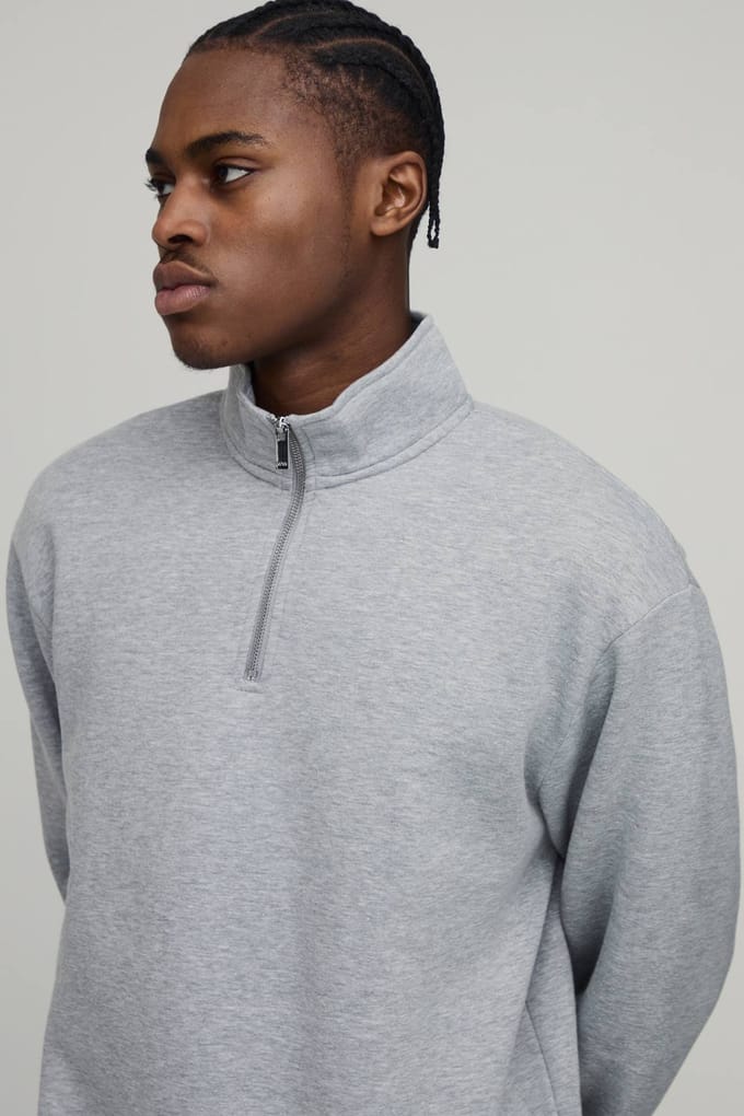 Essential Oversized Quarter Zip Funnel Neck Sweatshirt | Grey Marl | Size Small