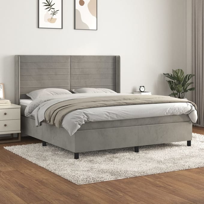 vidaXL - Boxspring - met - matras - fluweel - lichtgrijs - 180x200 - cm