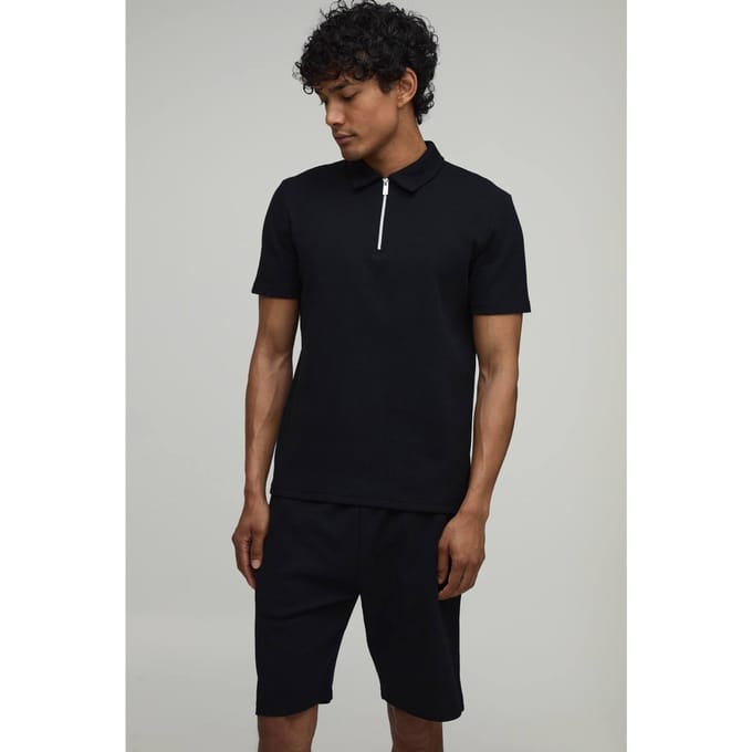 Slim Fit Waffle Polo & Short Set | Black | Size Medium