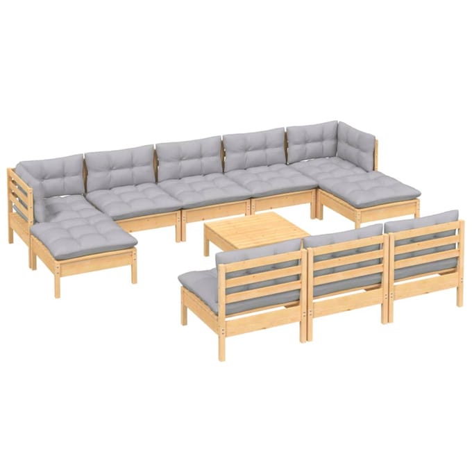 vidaXL - 11-delige - Loungeset - met - grijze - kussens - grenenhout