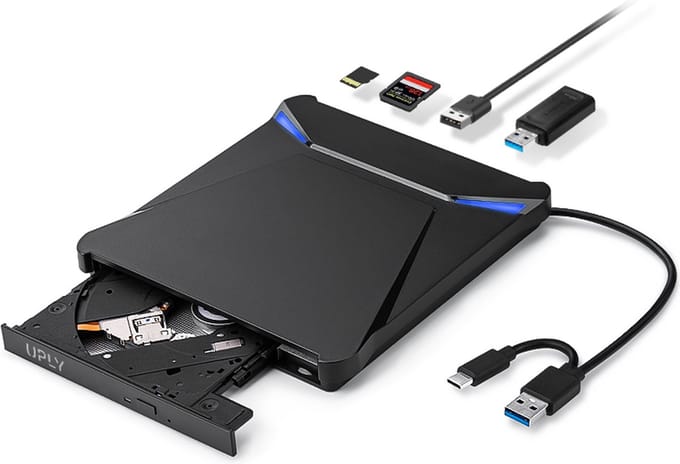 UPLY Externe DVD Speler - Windows en Mac - USB C en USB 3.0 - Externe DVD Speler voor Laptop - Externe DVD Speler en Brander - CD