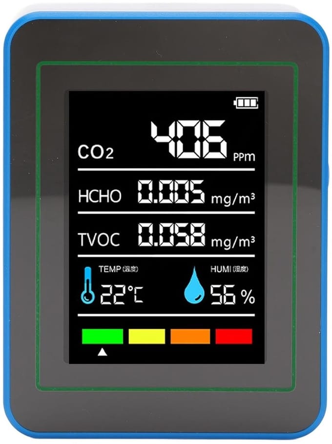Luchtkwaliteit Meter - Detector - Binnenhuis Meten - 5 in 1 Sensor - 90x70x35mm - Wit Blauw